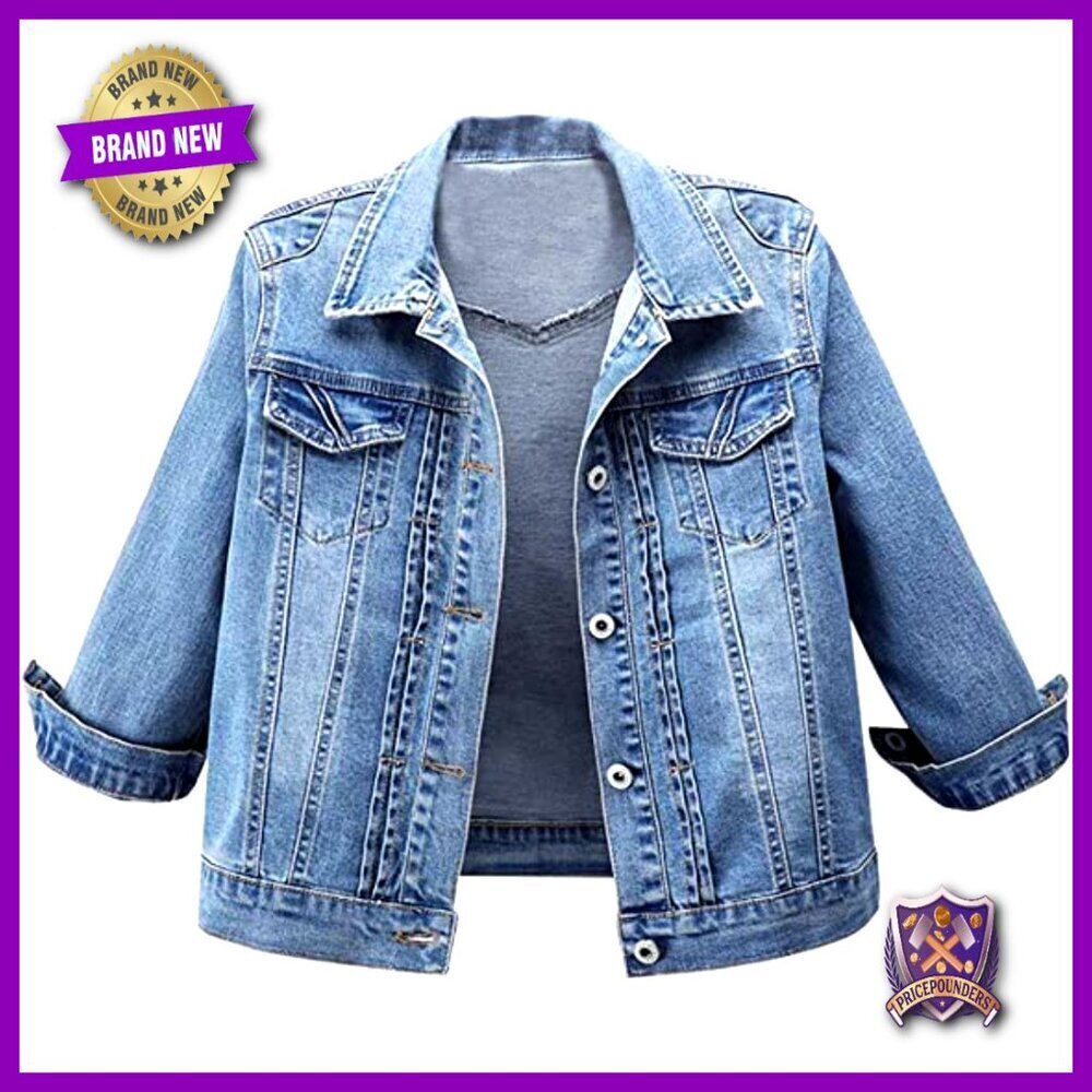 Distressed Denim Jacket Slim Fit 3/4 Sleeve Crop Trucker Biker Chic